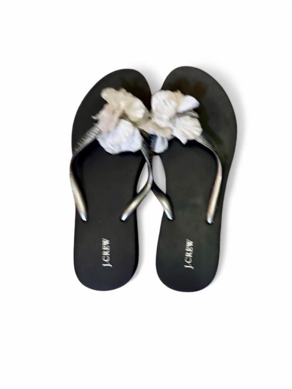 J Crew Charcoal Gray Black Flip Flops with Light Gray Flower Detail on Toes Sz 9